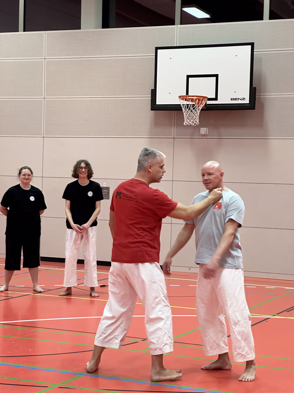 Zwei Trainer zeigen in der Sporthalle eine Abwehr gegen einen Griff an den Kragen, zwei Mitglieder schauen zu
