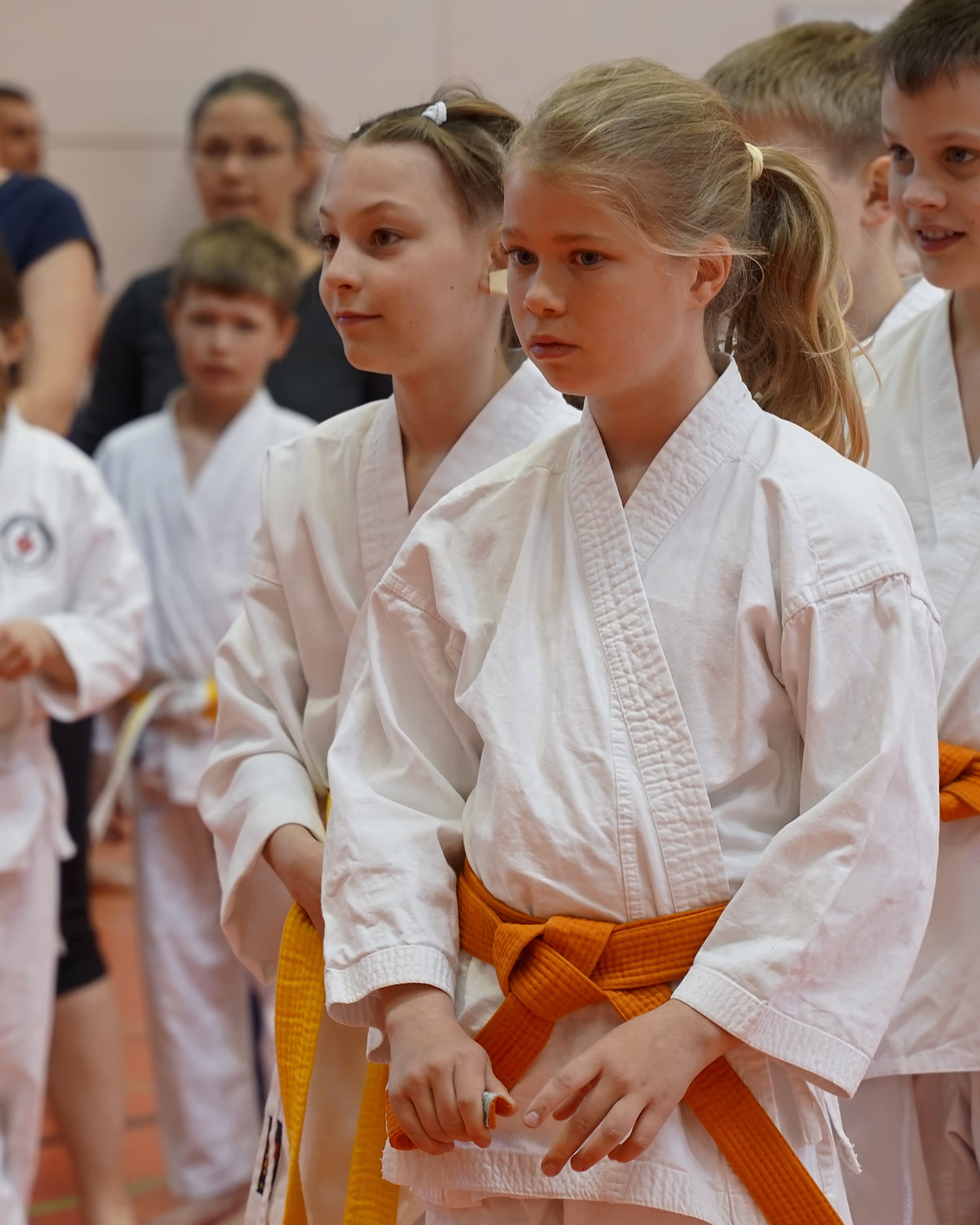 Kinder mit orangem und gelbem G&uuml;rtel stehen zusammen in einer Reihe