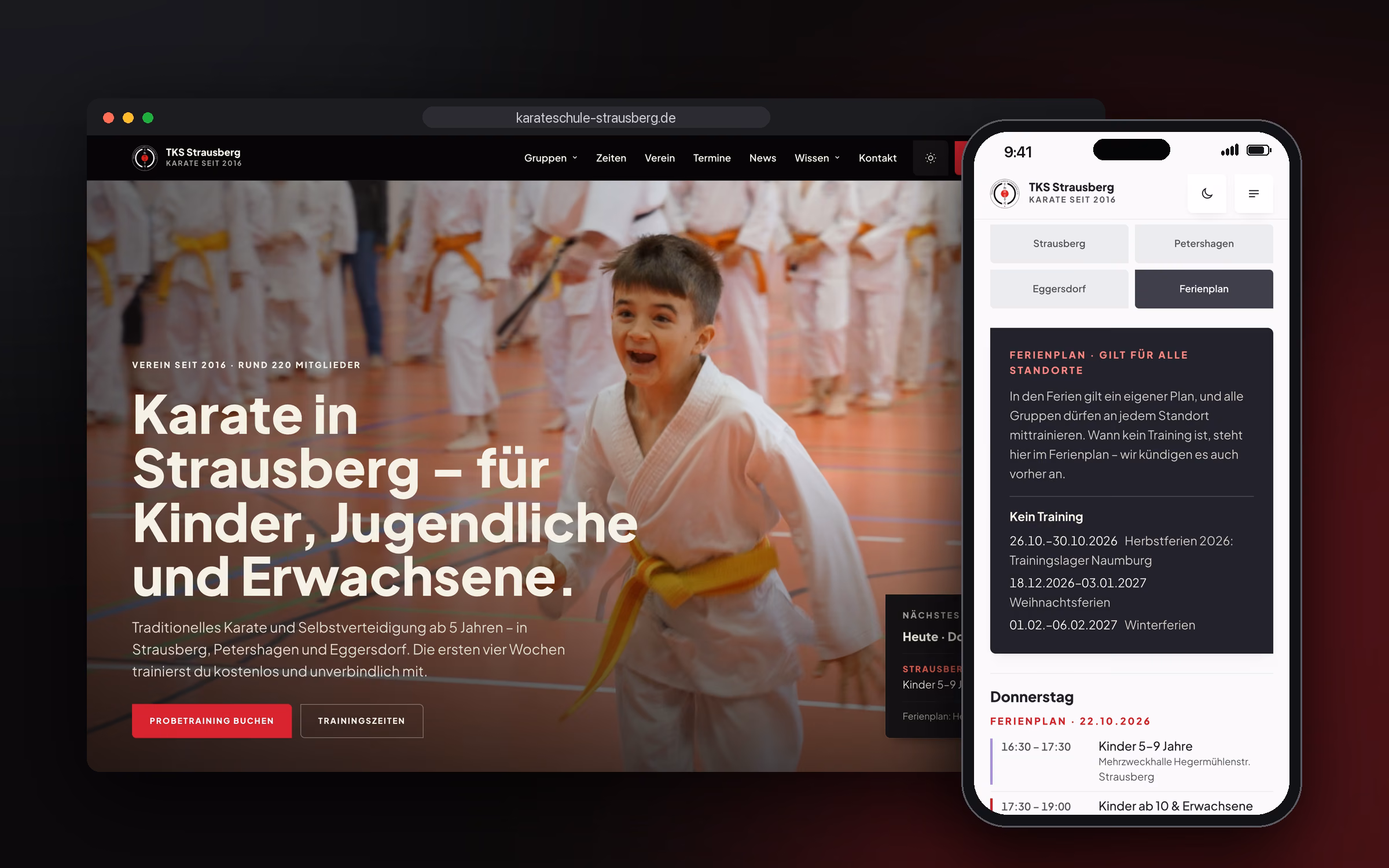 Die neue Website der Karateschule Strausberg auf einem Laptop im dunklen Modus und auf einem Handy im hellen Modus mit dem Ferienplan