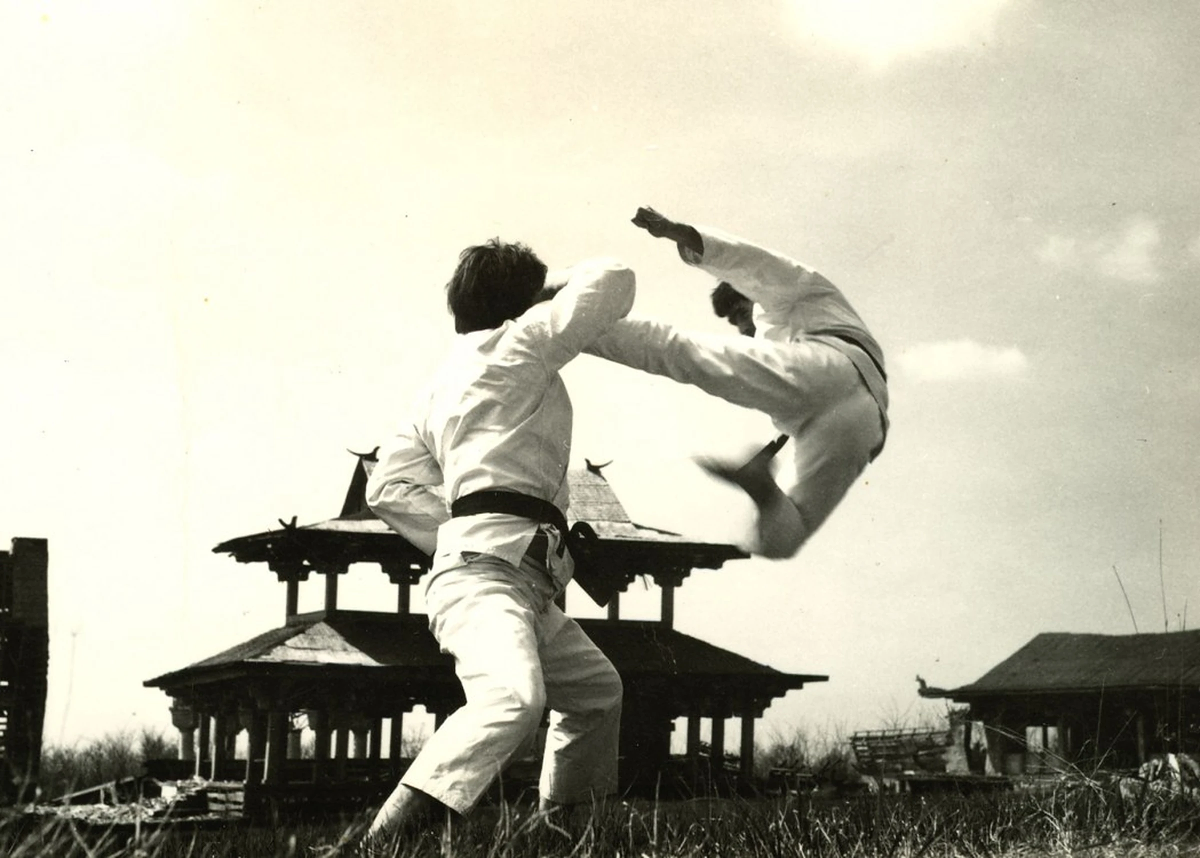 Ilija Jorga in jungen Jahren beim Sprungtritt vor einer Pagode (historisches Foto)