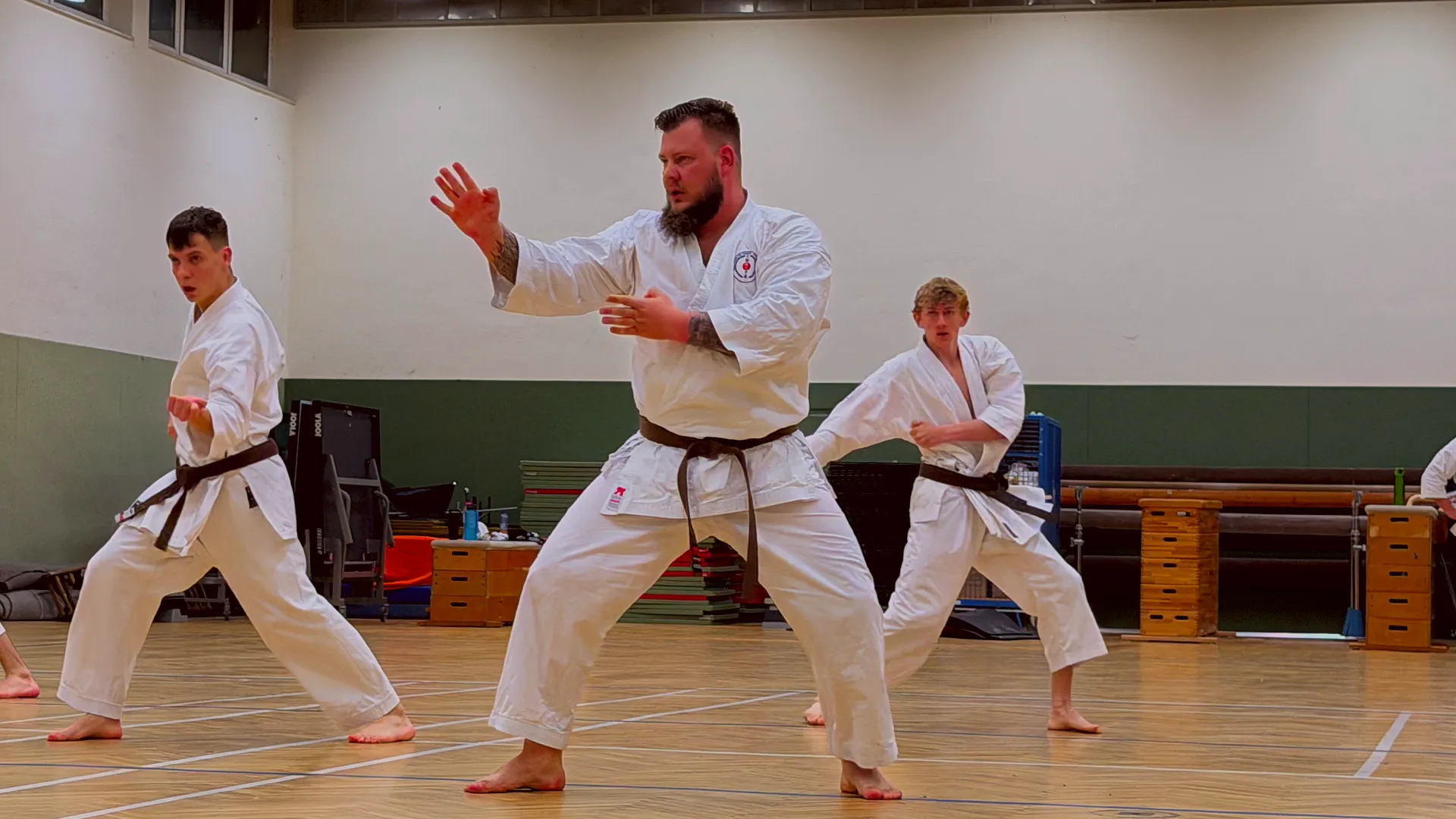 Drei Braungurte im Kokutsu-dachi beim Trainingslager