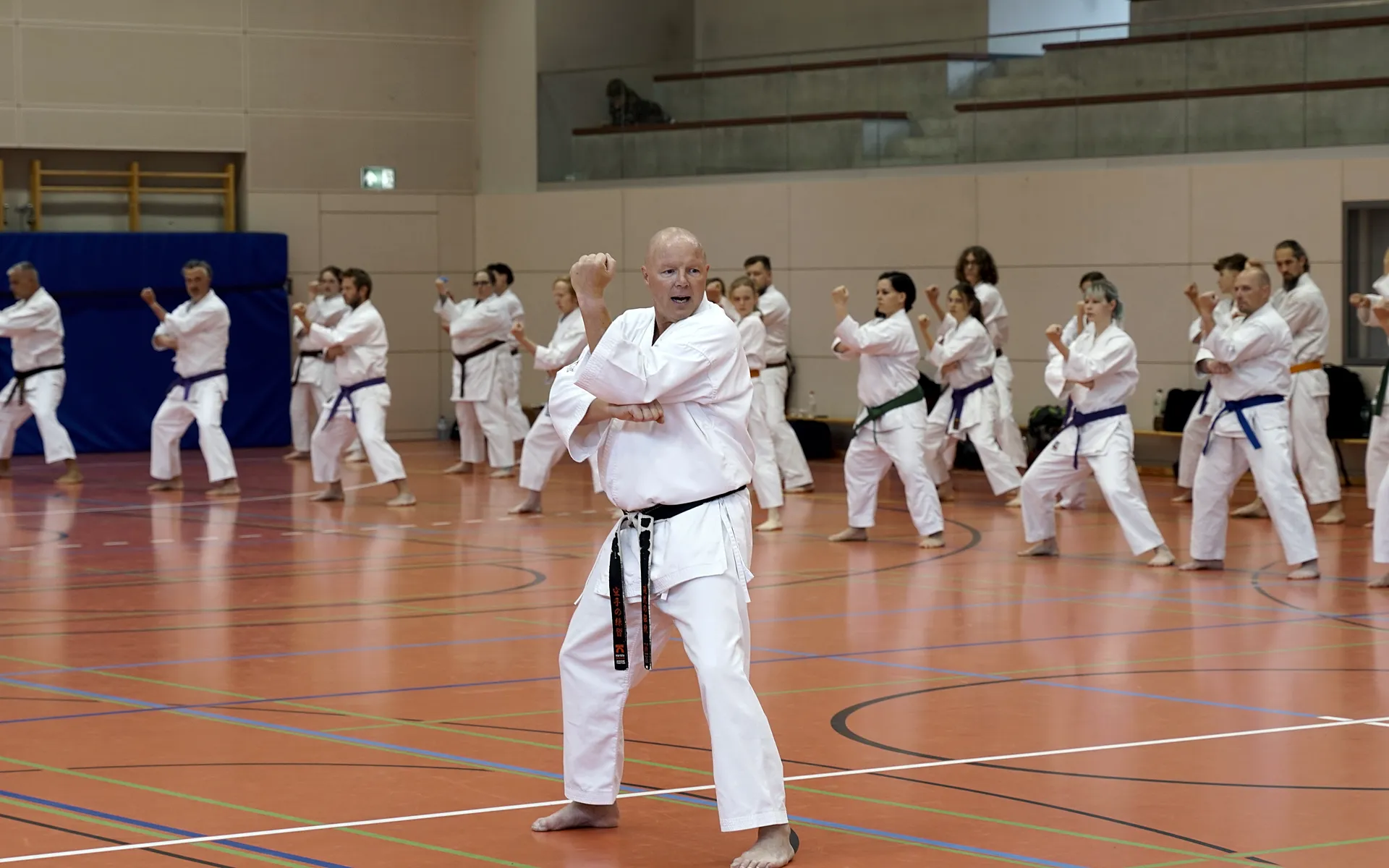 Lehrgangsgruppe in Formation, vorn ein Trainer mit Schwarzgurt