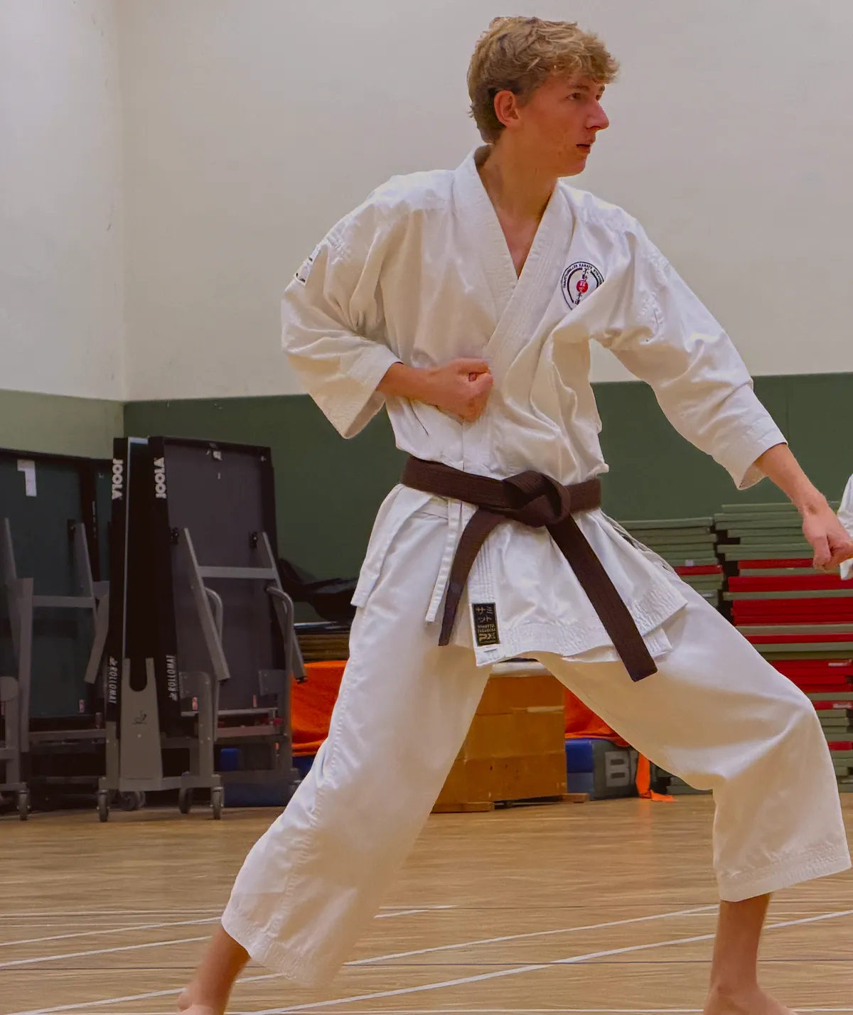 Jugendlicher mit Braungurt bei der Kata in der Sporthalle